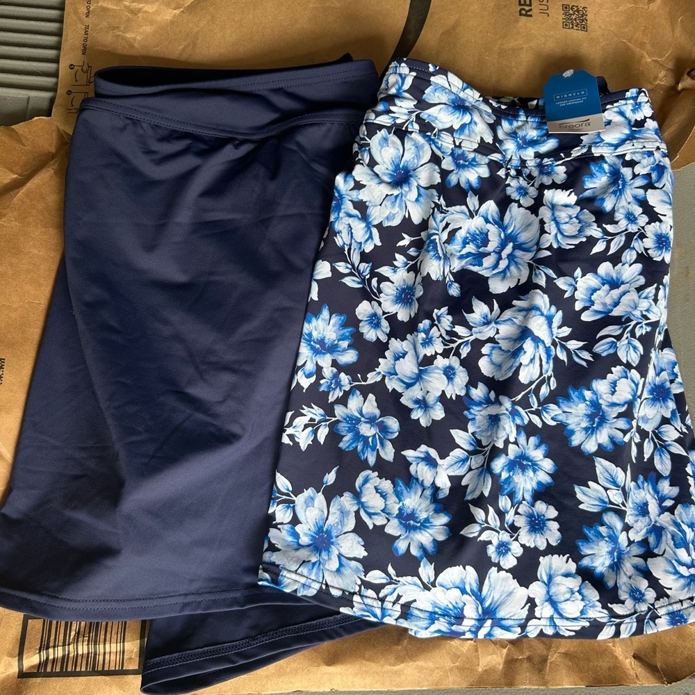 NWT Lands End Swim Tops with Skirt (solid navy and blue Hawaiian print)